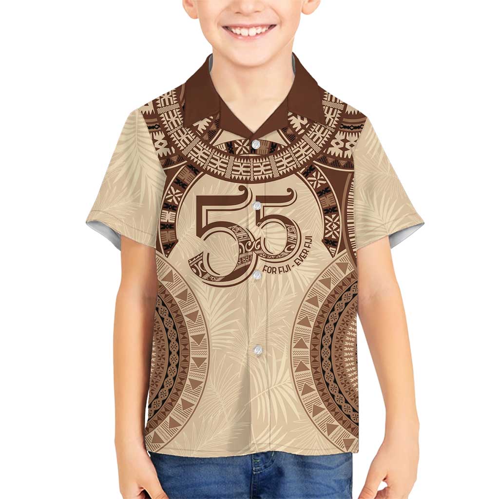 Bula Fiji Day 55th Anniversary Masi Tapa Family Matching Off Shoulder Short Dress and Hawaiian Shirt Emerald Jubilee - Beige LT7 Son's Shirt Beige - Polynesian Pride