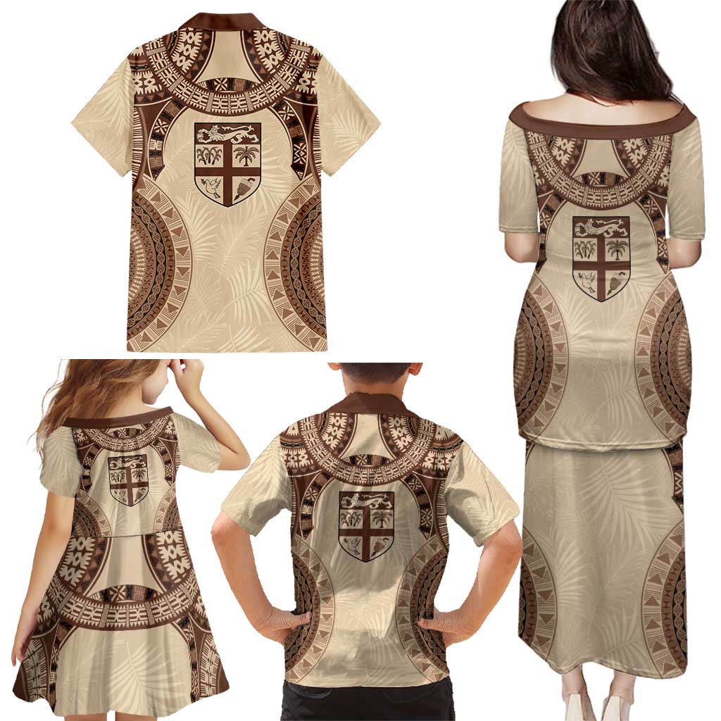 Bula Fiji Day 55th Anniversary Masi Tapa Family Matching Puletasi and Hawaiian Shirt Emerald Jubilee - Beige LT7 - Polynesian Pride