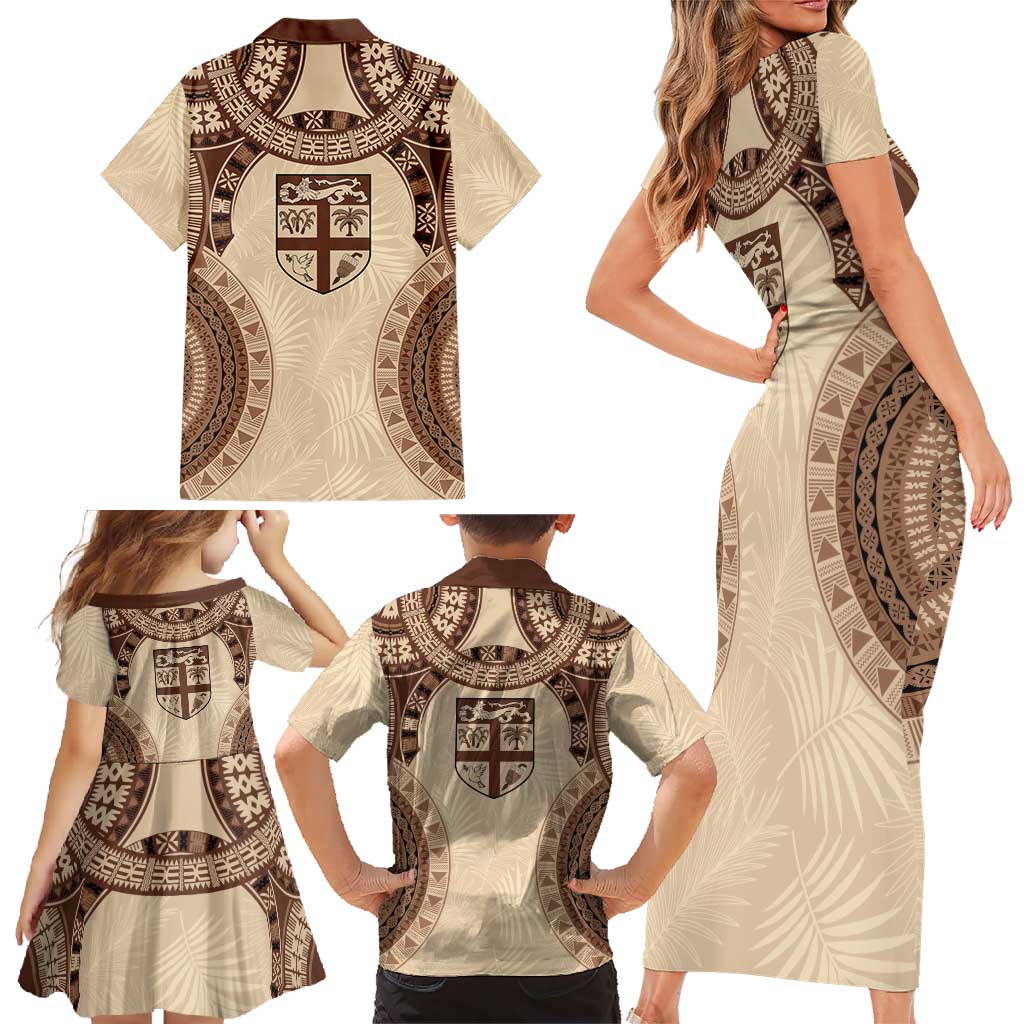 Bula Fiji Day 55th Anniversary Masi Tapa Family Matching Short Sleeve Bodycon Dress and Hawaiian Shirt Emerald Jubilee - Beige LT7 - Polynesian Pride