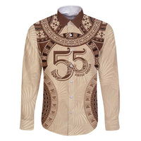 Bula Fiji Day 55th Anniversary Masi Tapa Family Matching Short Sleeve Bodycon Dress and Hawaiian Shirt Emerald Jubilee - Beige LT7 Dad's Shirt - Long Sleeve Beige - Polynesian Pride