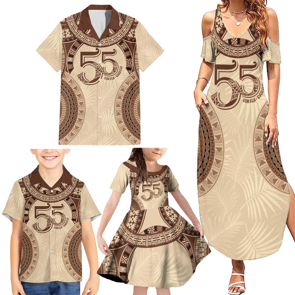 Bula Fiji Day 55th Anniversary Masi Tapa Family Matching Summer Maxi Dress and Hawaiian Shirt Emerald Jubilee - Beige LT7 - Polynesian Pride