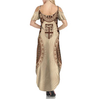 Bula Fiji Day 55th Anniversary Masi Tapa Family Matching Summer Maxi Dress and Hawaiian Shirt Emerald Jubilee - Beige LT7 - Polynesian Pride