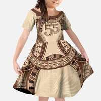 Bula Fiji Day 55th Anniversary Masi Tapa Family Matching Tank Maxi Dress and Hawaiian Shirt Emerald Jubilee - Beige LT7 Daughter's Dress Beige - Polynesian Pride