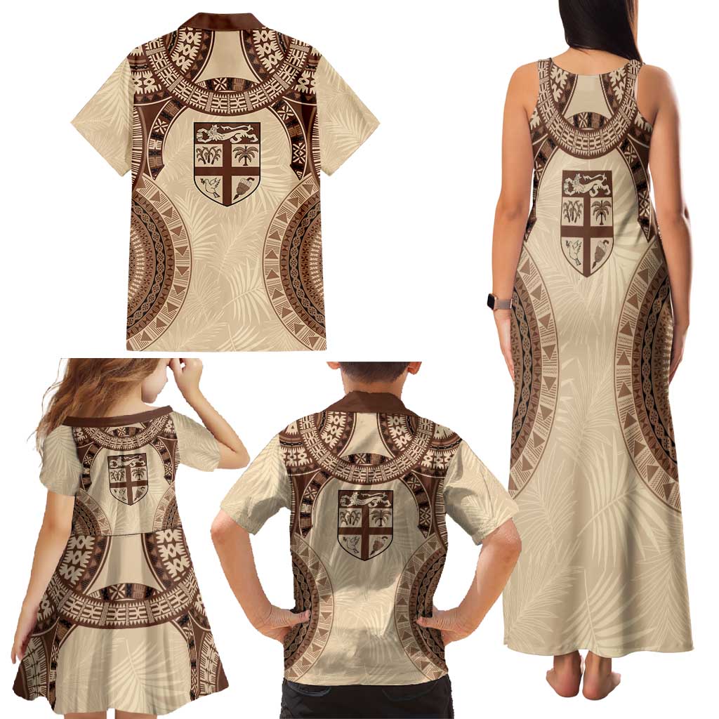 Bula Fiji Day 55th Anniversary Masi Tapa Family Matching Tank Maxi Dress and Hawaiian Shirt Emerald Jubilee - Beige LT7 - Polynesian Pride
