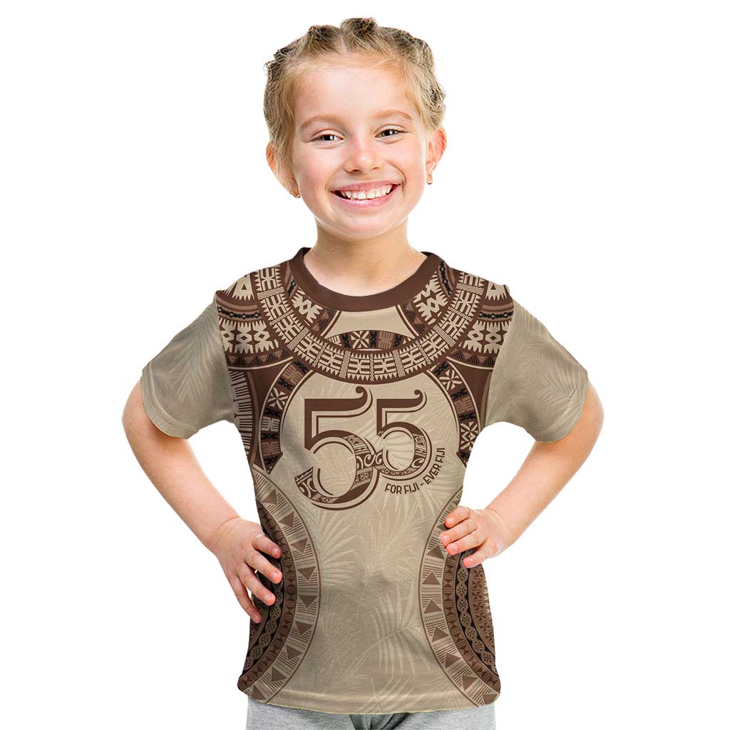 Bula Fiji Day 55th Anniversary Masi Tapa Kid T Shirt Emerald Jubilee - Beige LT7 Beige - Polynesian Pride
