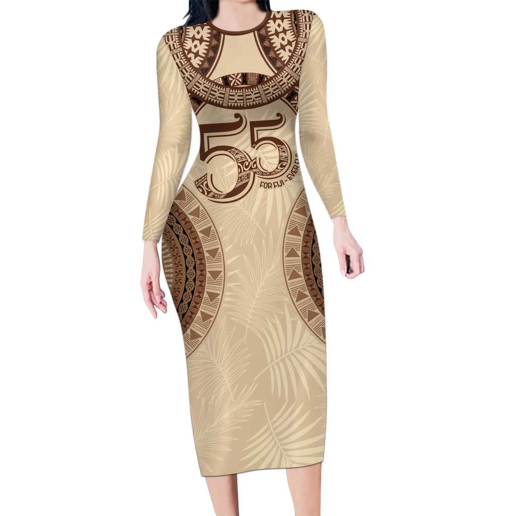 Bula Fiji Day 55th Anniversary Masi Tapa Long Sleeve Bodycon Dress Emerald Jubilee - Beige LT7 Long Dress Beige - Polynesian Pride
