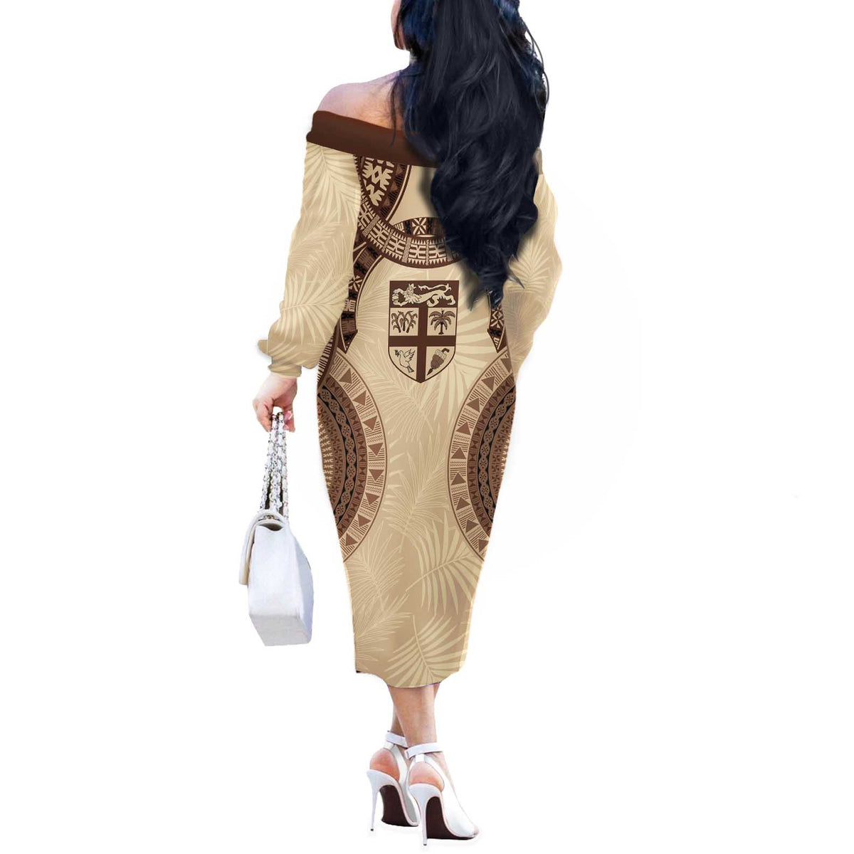 Bula Fiji Day 55th Anniversary Masi Tapa Off The Shoulder Long Sleeve Dress Emerald Jubilee - Beige LT7 - Polynesian Pride