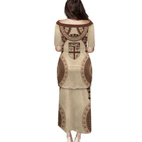 Bula Fiji Day 55th Anniversary Masi Tapa Puletasi Emerald Jubilee - Beige - Polynesian Pride