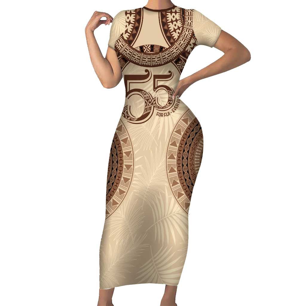 Bula Fiji Day 55th Anniversary Masi Tapa Short Sleeve Bodycon Dress Emerald Jubilee - Beige LT7 Long Dress Beige - Polynesian Pride