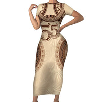 Bula Fiji Day 55th Anniversary Masi Tapa Short Sleeve Bodycon Dress Emerald Jubilee - Beige LT7 Long Dress Beige - Polynesian Pride