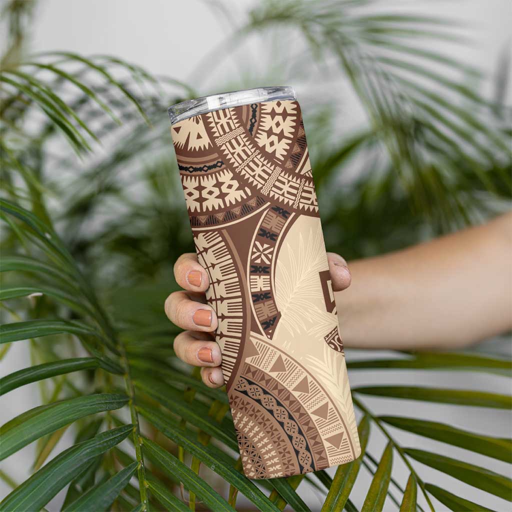 Bula Fiji Day 55th Anniversary Masi Tapa Skinny Tumbler Emerald Jubilee - Beige LT7 - Polynesian Pride