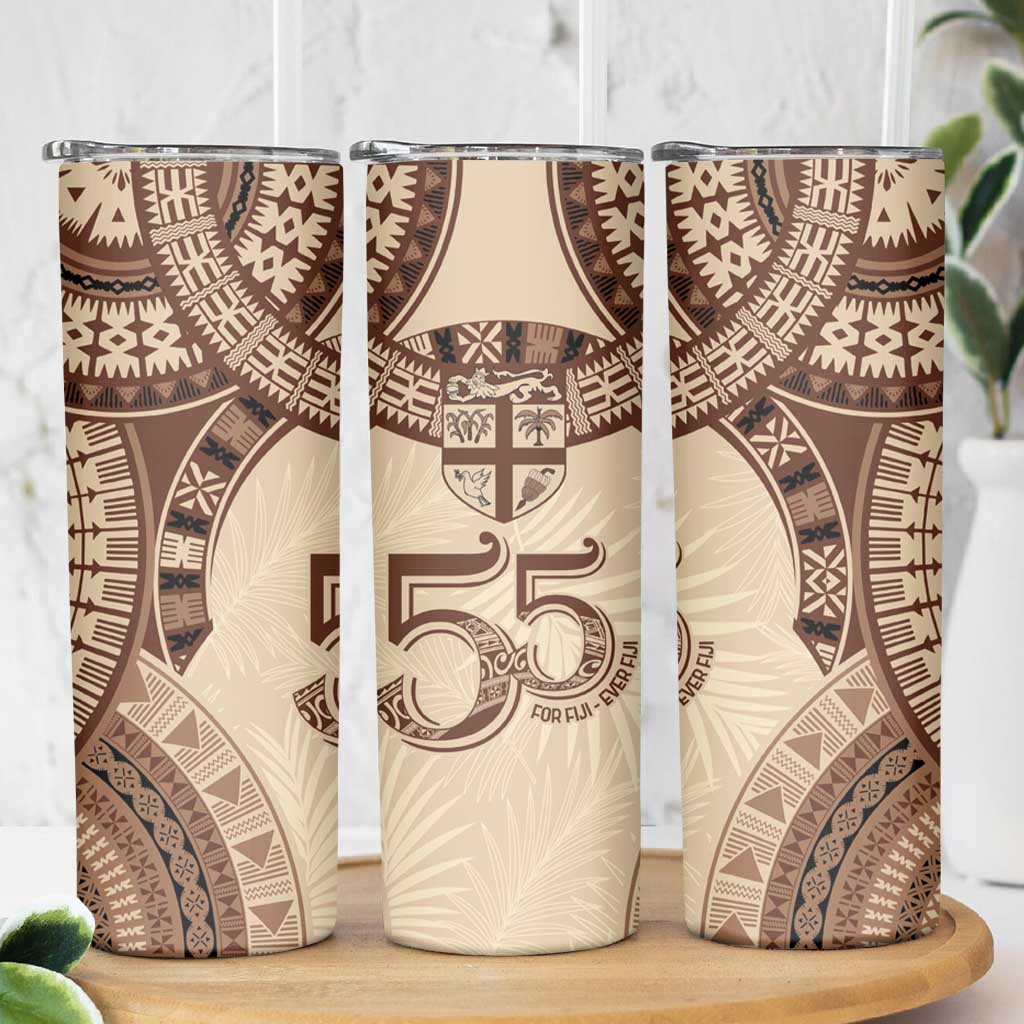 Bula Fiji Day 55th Anniversary Masi Tapa Skinny Tumbler Emerald Jubilee - Beige LT7 - Polynesian Pride