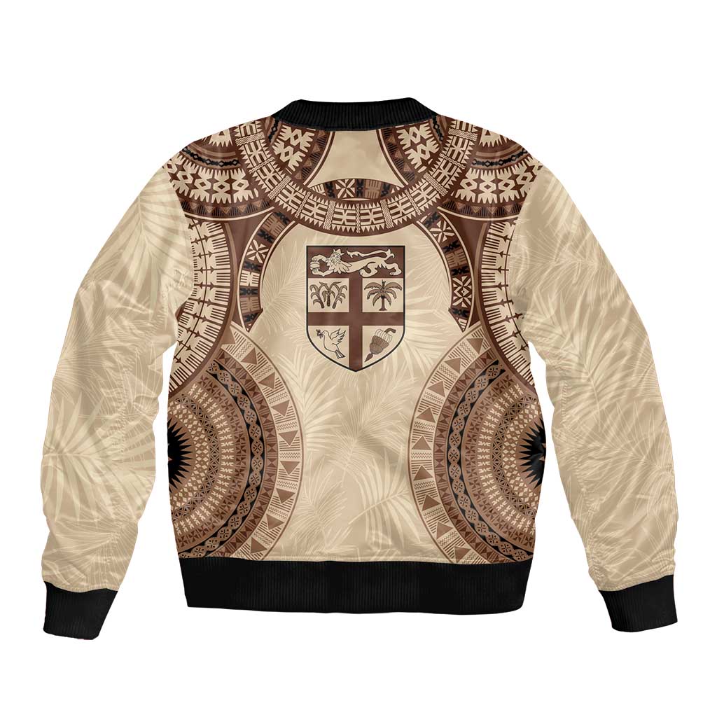 Bula Fiji Day 55th Anniversary Masi Tapa Sleeve Zip Bomber Jacket Emerald Jubilee - Beige - Polynesian Pride