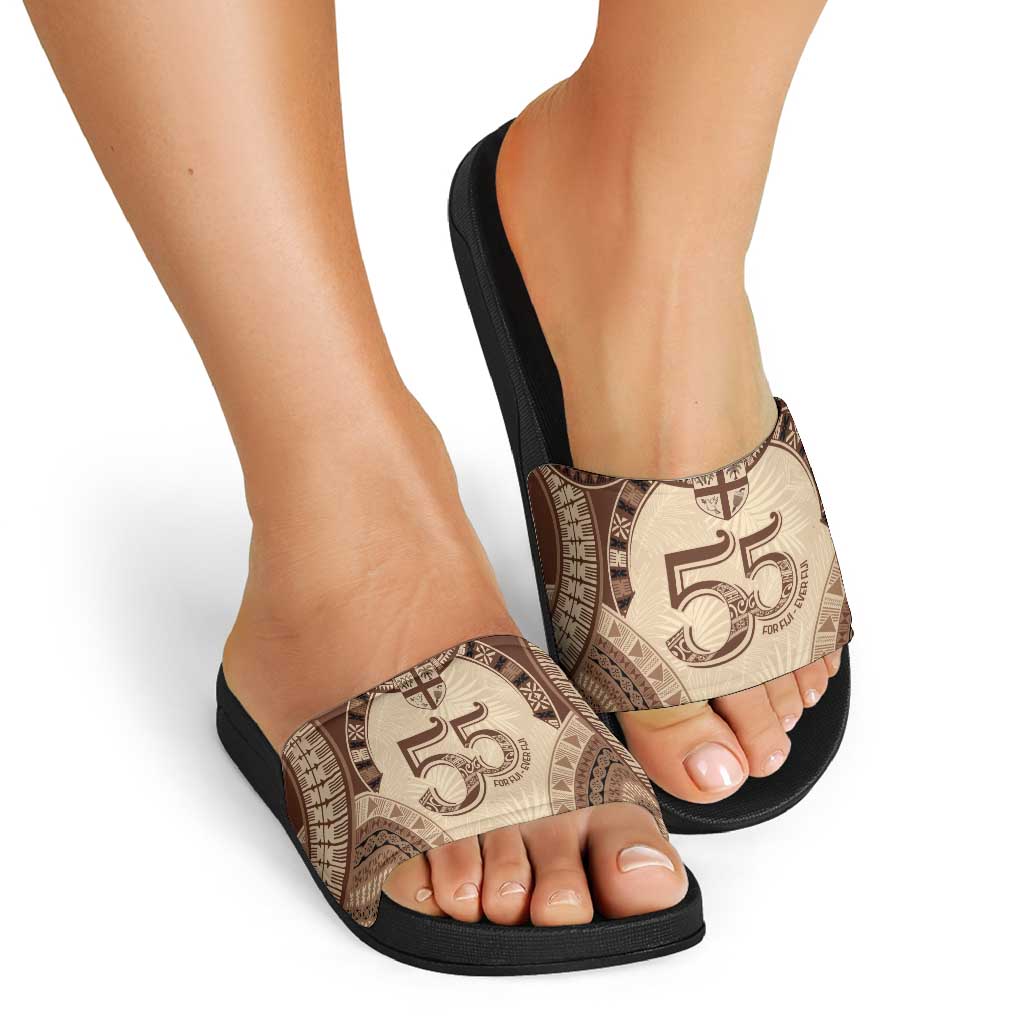 Bula Fiji Day 55th Anniversary Masi Tapa Slide Sandals Emerald Jubilee - Beige - Polynesian Pride