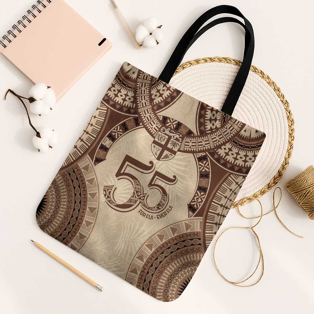 Bula Fiji Day 55th Anniversary Masi Tapa Tote Bag Emerald Jubilee - Beige - Polynesian Pride