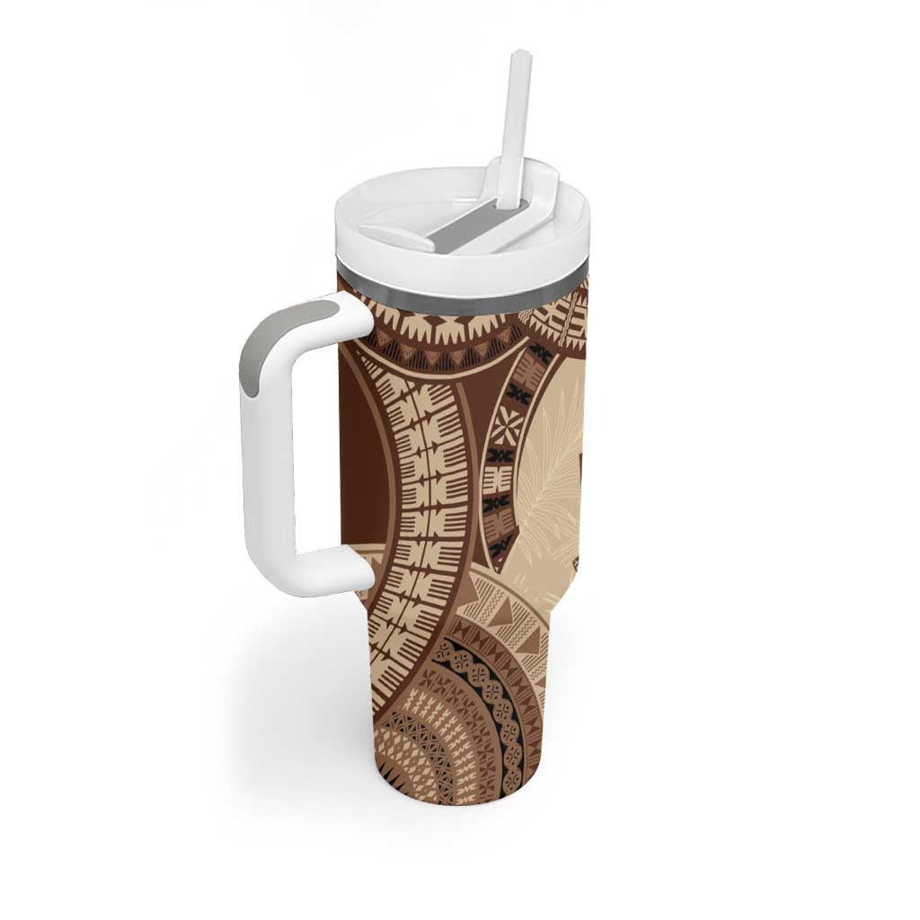 Bula Fiji Day 55th Anniversary Masi Tapa Tumbler With Handle Emerald Jubilee - Beige - Polynesian Pride
