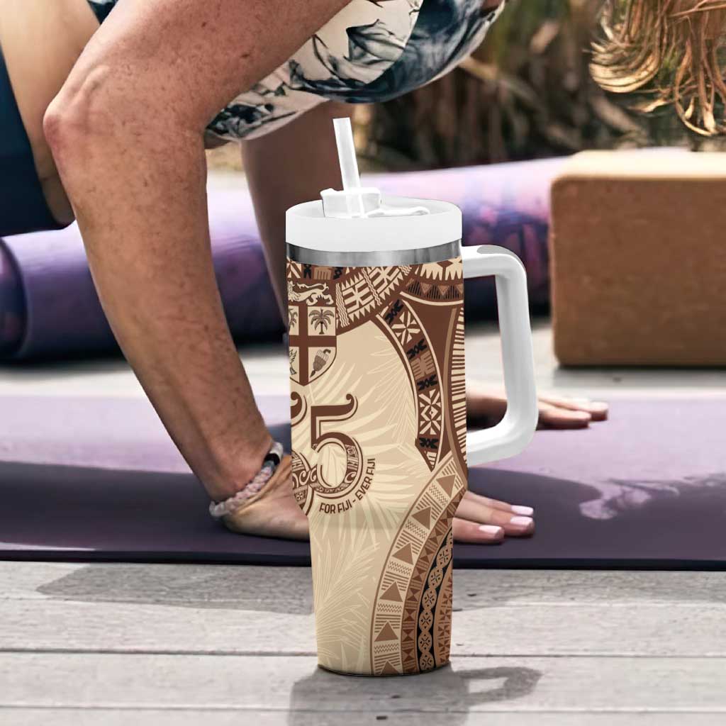 Bula Fiji Day 55th Anniversary Masi Tapa Tumbler With Handle Emerald Jubilee - Beige - Polynesian Pride