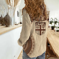 Bula Fiji Day 55th Anniversary Masi Tapa Women Casual Shirt Emerald Jubilee - Beige LT7 - Polynesian Pride