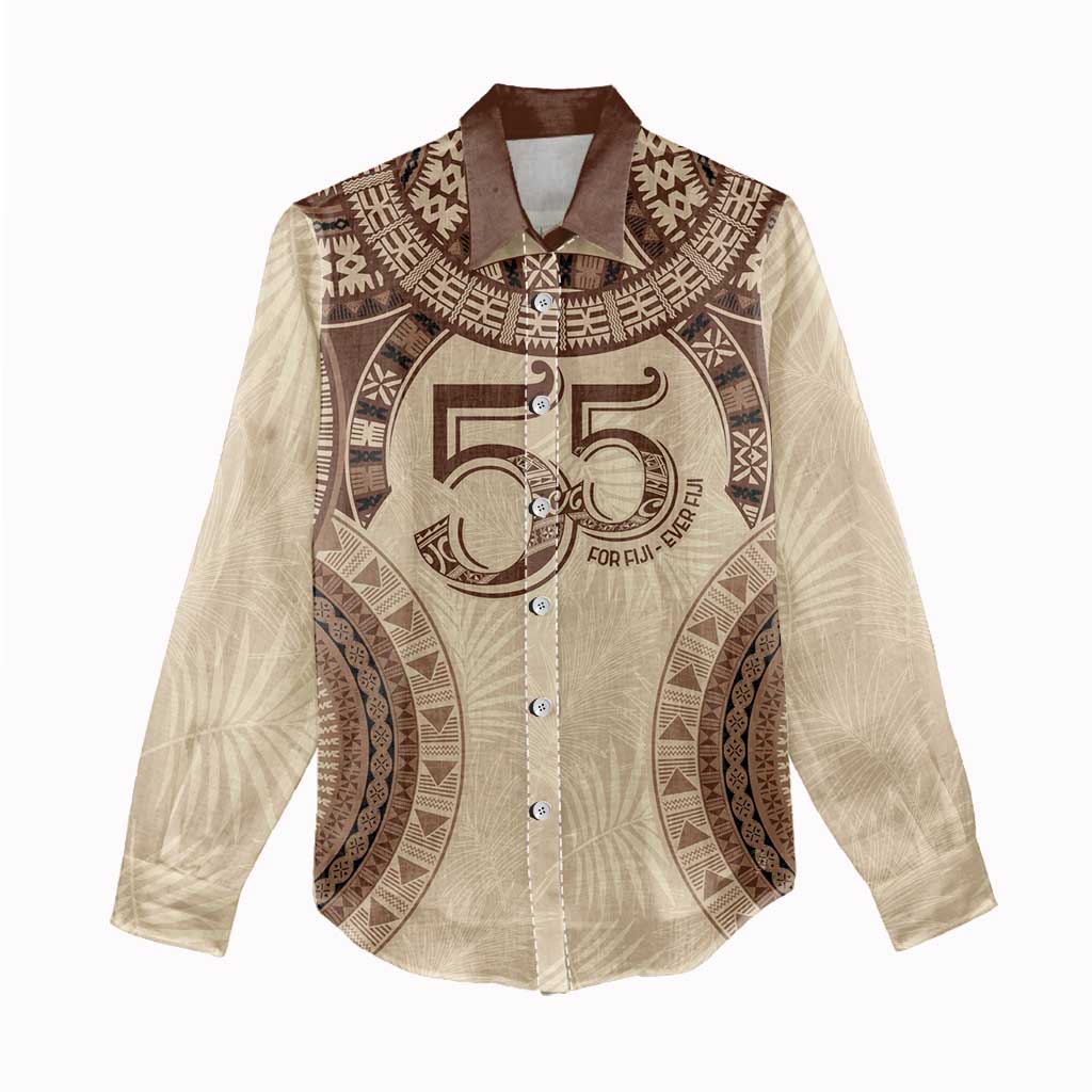 Bula Fiji Day 55th Anniversary Masi Tapa Women Casual Shirt Emerald Jubilee - Beige LT7 - Polynesian Pride