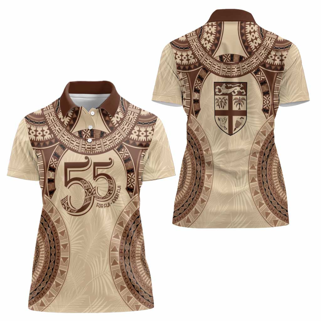 Bula Fiji Day 55th Anniversary Masi Tapa Women Polo Shirt Emerald Jubilee - Beige - Polynesian Pride