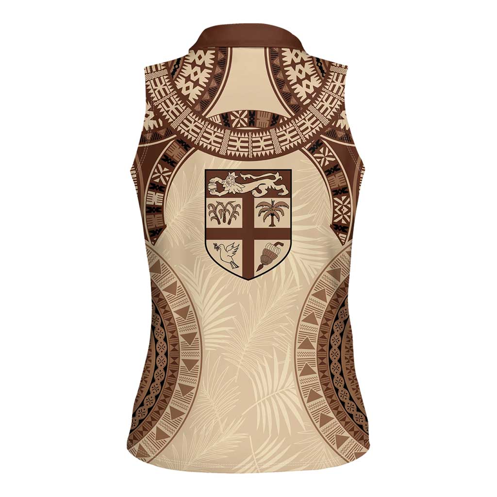 Bula Fiji Day 55th Anniversary Masi Tapa Women Sleeveless Polo Shirt Emerald Jubilee - Beige LT7 - Polynesian Pride