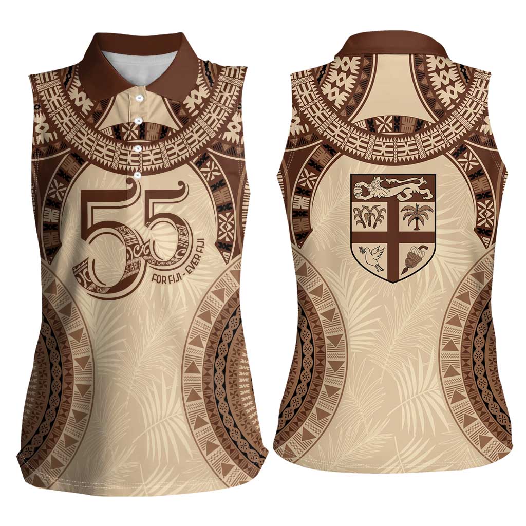 Bula Fiji Day 55th Anniversary Masi Tapa Women Sleeveless Polo Shirt Emerald Jubilee - Beige LT7 - Polynesian Pride