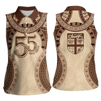 Bula Fiji Day 55th Anniversary Masi Tapa Women Sleeveless Polo Shirt Emerald Jubilee - Beige LT7 - Polynesian Pride