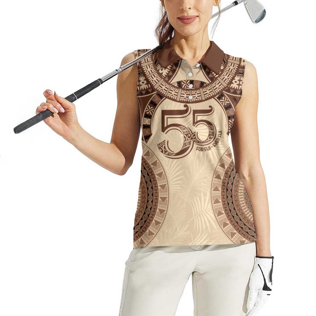 Bula Fiji Day 55th Anniversary Masi Tapa Women Sleeveless Polo Shirt Emerald Jubilee - Beige LT7 - Polynesian Pride