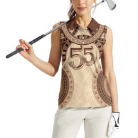 Bula Fiji Day 55th Anniversary Masi Tapa Women Sleeveless Polo Shirt Emerald Jubilee - Beige LT7 - Polynesian Pride