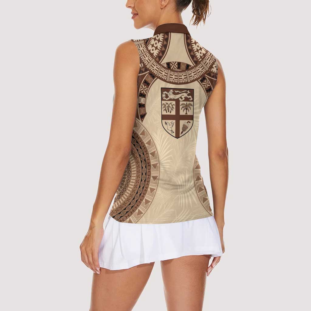 Bula Fiji Day 55th Anniversary Masi Tapa Women Sleeveless Polo Shirt Emerald Jubilee - Beige LT7 - Polynesian Pride