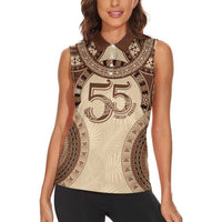 Bula Fiji Day 55th Anniversary Masi Tapa Women Sleeveless Polo Shirt Emerald Jubilee - Beige LT7 - Polynesian Pride