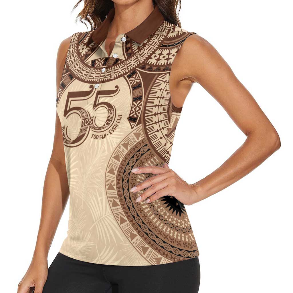Bula Fiji Day 55th Anniversary Masi Tapa Women Sleeveless Polo Shirt Emerald Jubilee - Beige LT7 - Polynesian Pride