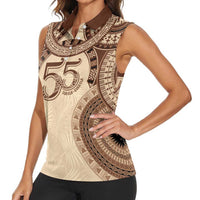 Bula Fiji Day 55th Anniversary Masi Tapa Women Sleeveless Polo Shirt Emerald Jubilee - Beige LT7 - Polynesian Pride