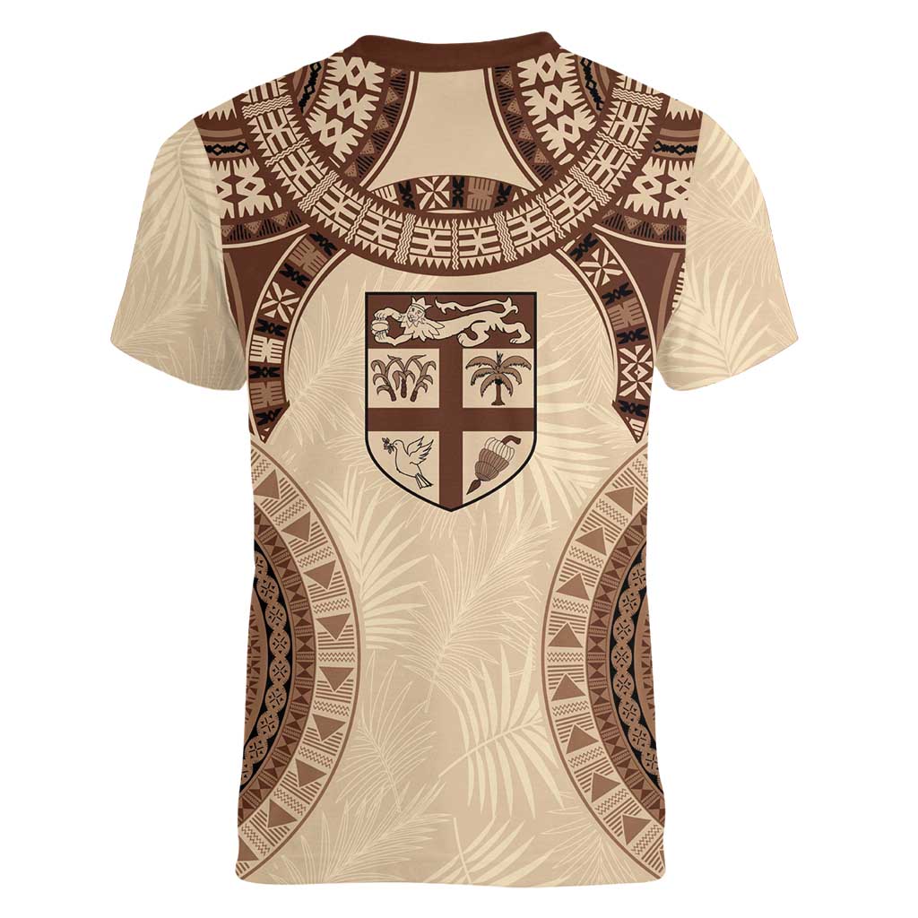 Bula Fiji Day 55th Anniversary Masi Tapa Women V-Neck T-Shirt Emerald Jubilee - Beige LT7 - Polynesian Pride