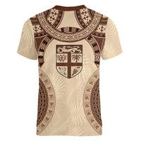 Bula Fiji Day 55th Anniversary Masi Tapa Women V-Neck T-Shirt Emerald Jubilee - Beige LT7 - Polynesian Pride
