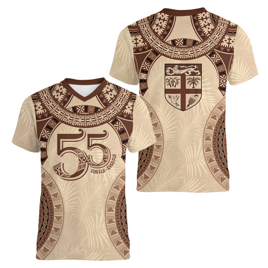 Bula Fiji Day 55th Anniversary Masi Tapa Women V-Neck T-Shirt Emerald Jubilee - Beige LT7 - Polynesian Pride