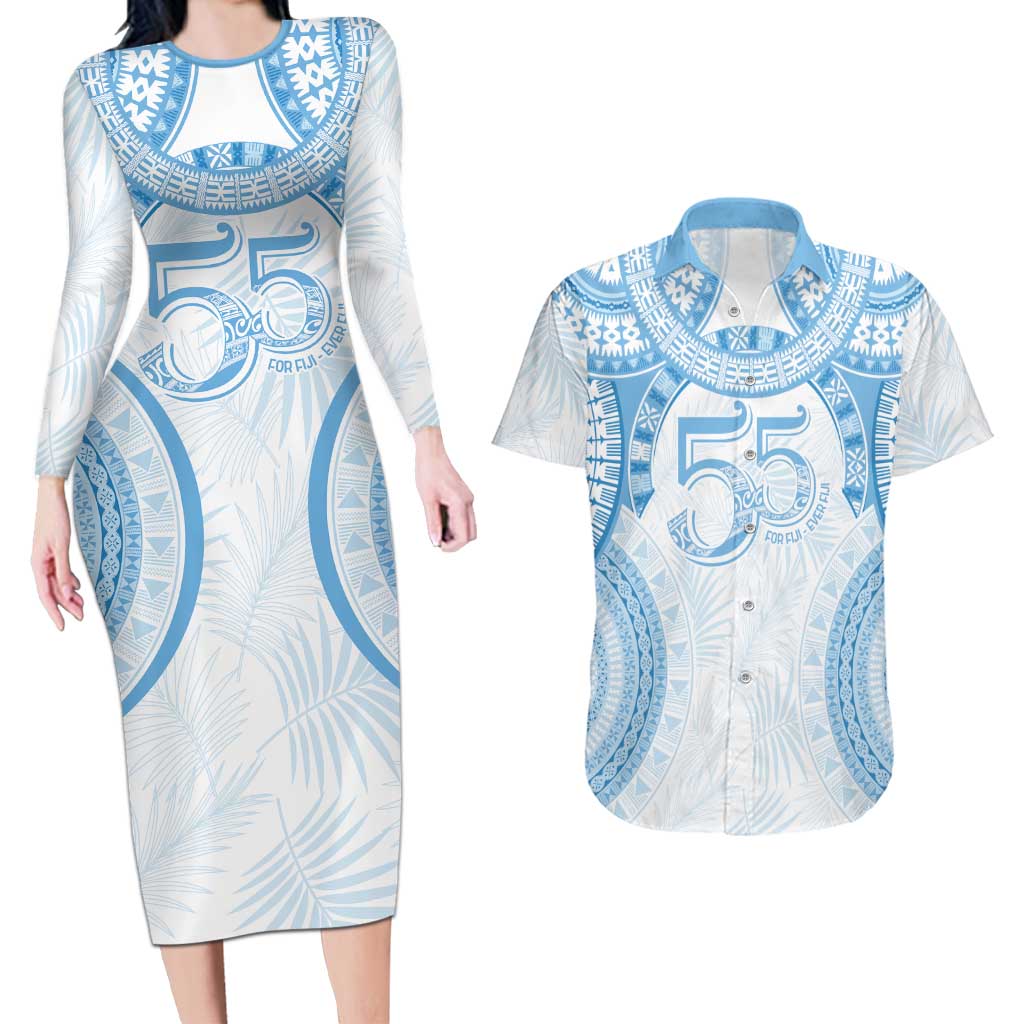 Bula Fiji Day 55th Anniversary Masi Tapa Couples Matching Long Sleeve Bodycon Dress and Hawaiian Shirt Emerald Jubilee - Turquoise LT7 Turquoise - Polynesian Pride