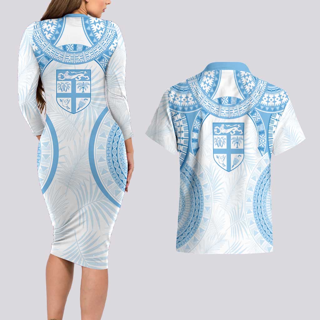 Bula Fiji Day 55th Anniversary Masi Tapa Couples Matching Long Sleeve Bodycon Dress and Hawaiian Shirt Emerald Jubilee - Turquoise LT7 - Polynesian Pride