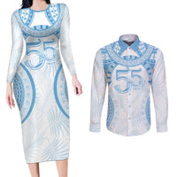 Bula Fiji Day 55th Anniversary Masi Tapa Couples Matching Long Sleeve Bodycon Dress and Long Sleeve Button Shirt Emerald Jubilee - Turquoise LT7 Turquoise - Polynesian Pride