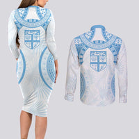 Bula Fiji Day 55th Anniversary Masi Tapa Couples Matching Long Sleeve Bodycon Dress and Long Sleeve Button Shirt Emerald Jubilee - Turquoise LT7 - Polynesian Pride