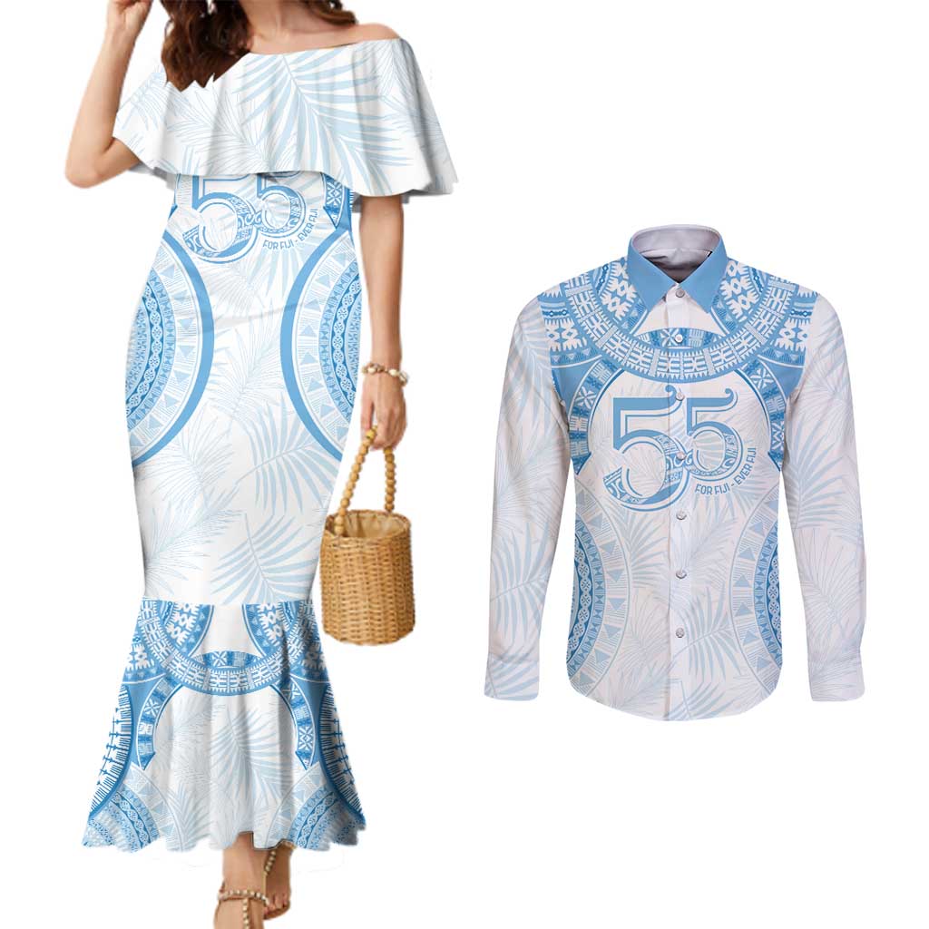Bula Fiji Day 55th Anniversary Masi Tapa Couples Matching Mermaid Dress and Long Sleeve Button Shirt Emerald Jubilee - Turquoise LT7 Turquoise - Polynesian Pride