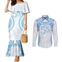 Bula Fiji Day 55th Anniversary Masi Tapa Couples Matching Mermaid Dress and Long Sleeve Button Shirt Emerald Jubilee - Turquoise LT7 Turquoise - Polynesian Pride