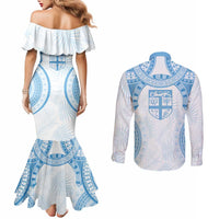 Bula Fiji Day 55th Anniversary Masi Tapa Couples Matching Mermaid Dress and Long Sleeve Button Shirt Emerald Jubilee - Turquoise LT7 - Polynesian Pride