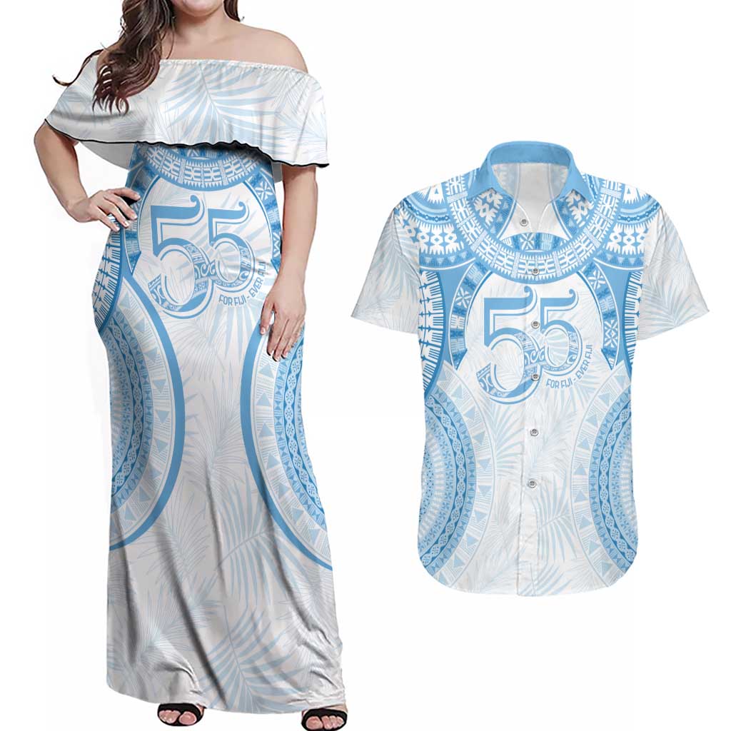 Bula Fiji Day 55th Anniversary Masi Tapa Couples Matching Off Shoulder Maxi Dress and Hawaiian Shirt Emerald Jubilee - Turquoise LT7 Turquoise - Polynesian Pride