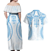 Bula Fiji Day 55th Anniversary Masi Tapa Couples Matching Off Shoulder Maxi Dress and Hawaiian Shirt Emerald Jubilee - Turquoise LT7 - Polynesian Pride