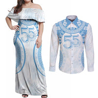 Bula Fiji Day 55th Anniversary Masi Tapa Couples Matching Off Shoulder Maxi Dress and Long Sleeve Button Shirt Emerald Jubilee - Turquoise LT7 Turquoise - Polynesian Pride