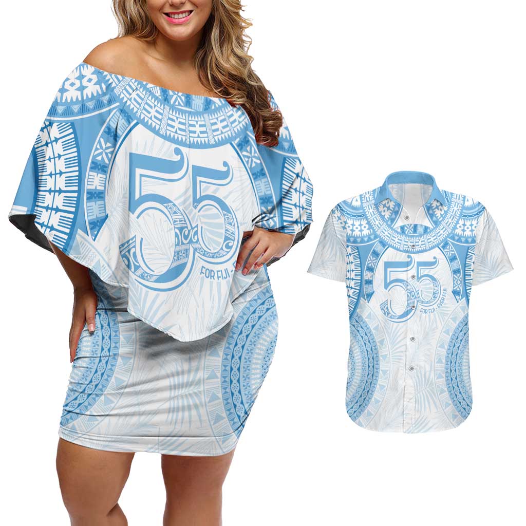 Bula Fiji Day 55th Anniversary Masi Tapa Couples Matching Off Shoulder Short Dress and Hawaiian Shirt Emerald Jubilee - Turquoise LT7 Turquoise - Polynesian Pride