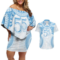 Bula Fiji Day 55th Anniversary Masi Tapa Couples Matching Off Shoulder Short Dress and Hawaiian Shirt Emerald Jubilee - Turquoise LT7 Turquoise - Polynesian Pride