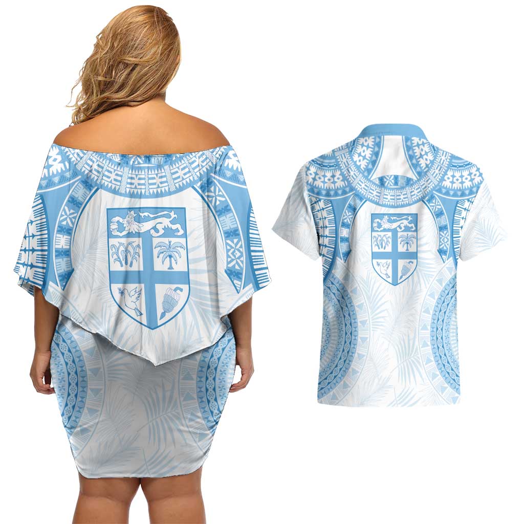 Bula Fiji Day 55th Anniversary Masi Tapa Couples Matching Off Shoulder Short Dress and Hawaiian Shirt Emerald Jubilee - Turquoise LT7 - Polynesian Pride