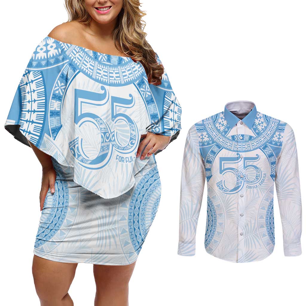 Bula Fiji Day 55th Anniversary Masi Tapa Couples Matching Off Shoulder Short Dress and Long Sleeve Button Shirt Emerald Jubilee - Turquoise LT7 Turquoise - Polynesian Pride